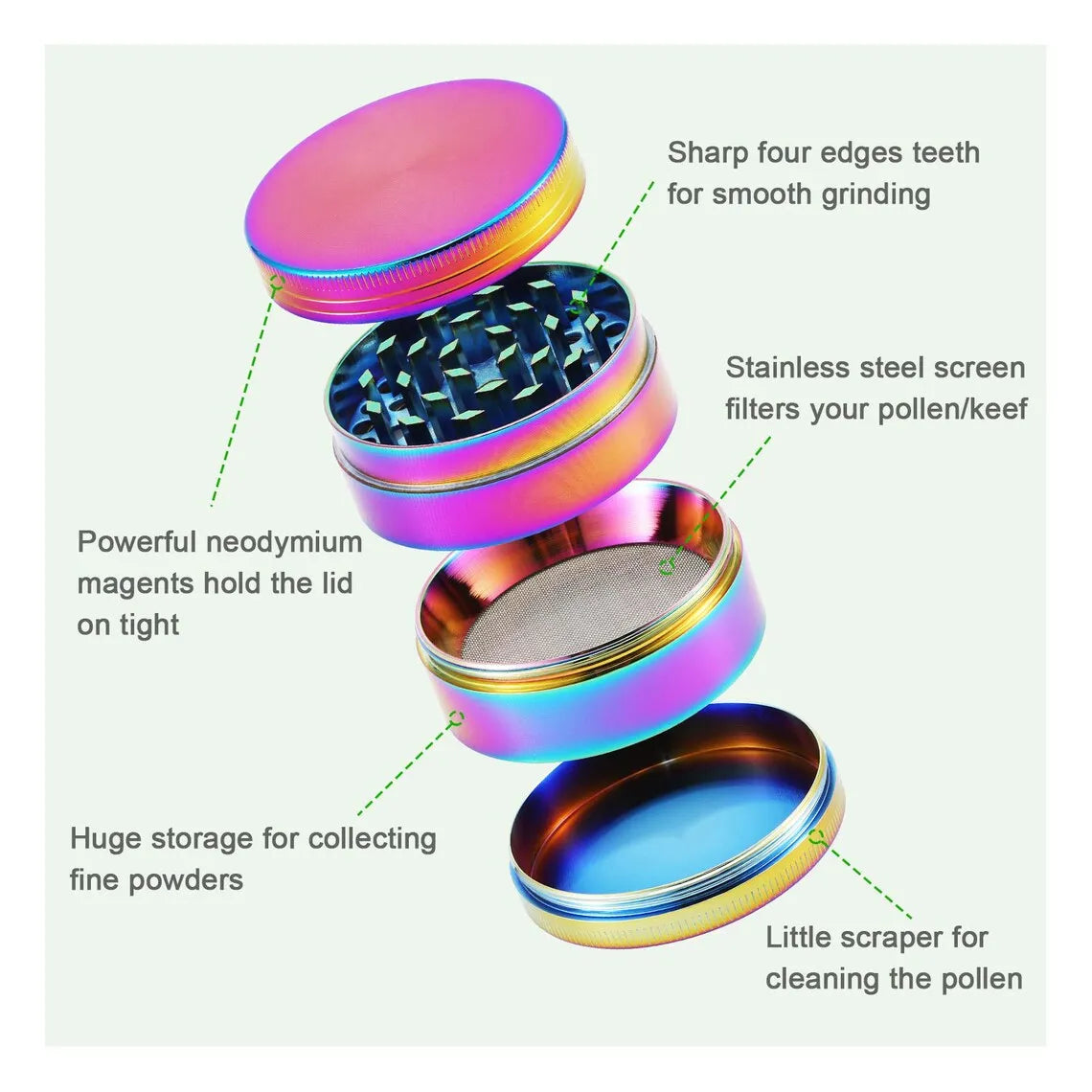 Stylischer 4-teiliger Regenbogen Aluminium-Grinder - Cannabiothek